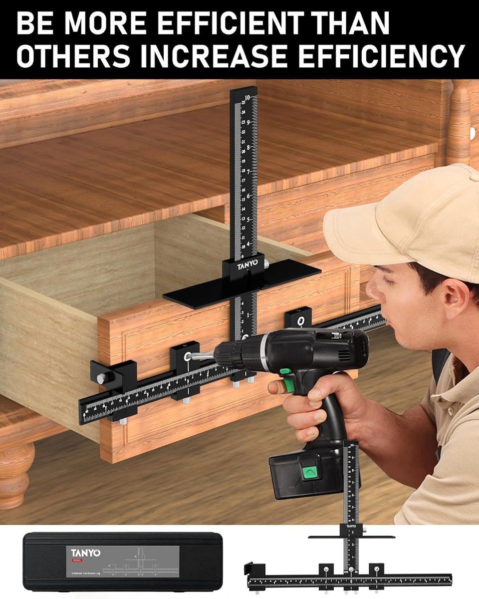 TANYO cabinet hardware jig clamped to a cabinet door